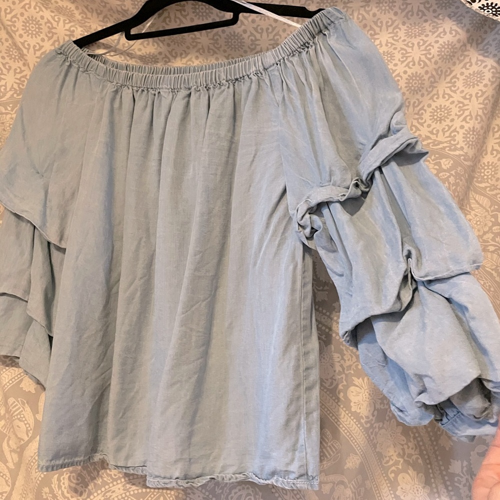 Jean off the shoulder ruffles sleeves blouse